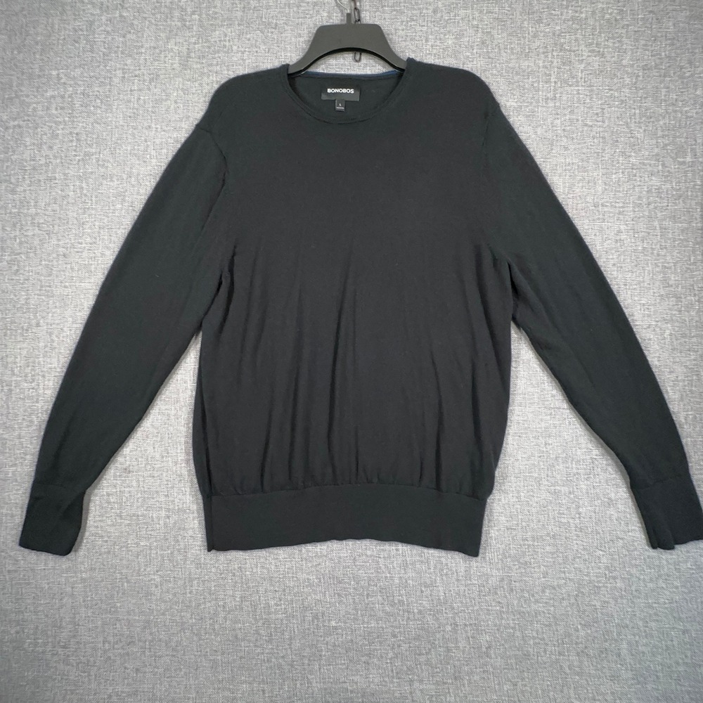 Bonobos Sweater Mens L (Fits as Medium) Black Merino Wool Crewneck Fine Knit